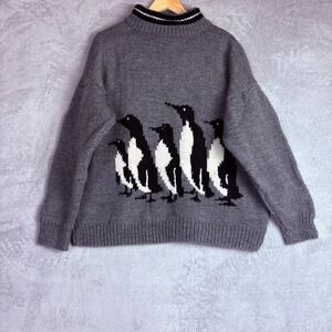 Handmade Penguin Chunky Knit Mock Neck Sweater Gray Women XL Wool Blend